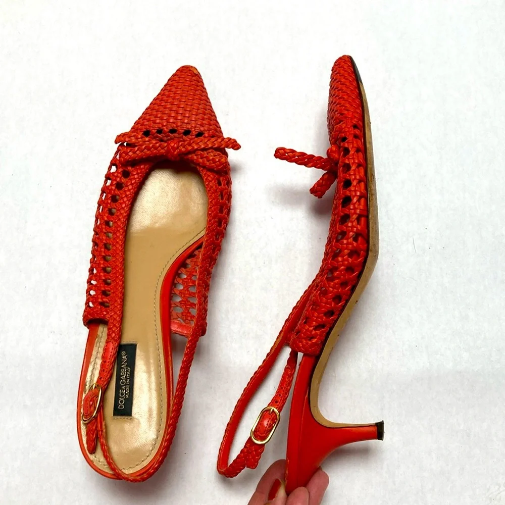 Dolce Gabbana coral basket leather weave kitten heels 40.5 9.5 10 - Picture 1 of 6